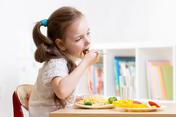 Preschooler kid eating healthy food at home