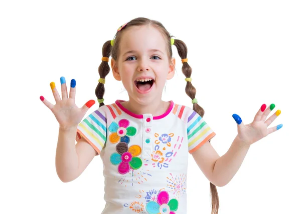 Happy child girl with painted hands