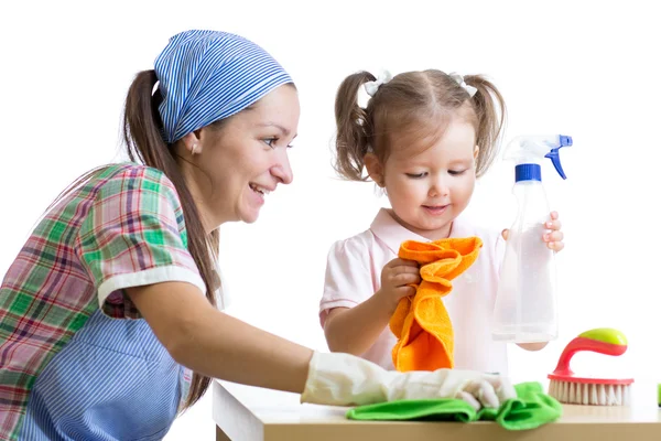 Mother teaches daughter child cleaning room