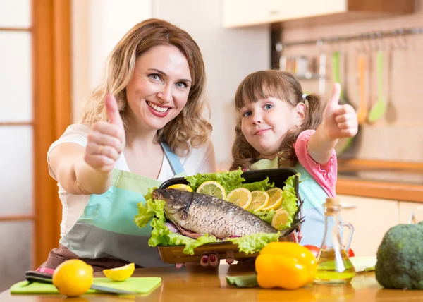 Kid and mother show thumb up cooking in kitchen