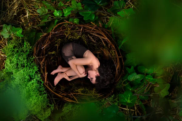 Woman hiding in bird\'s nest