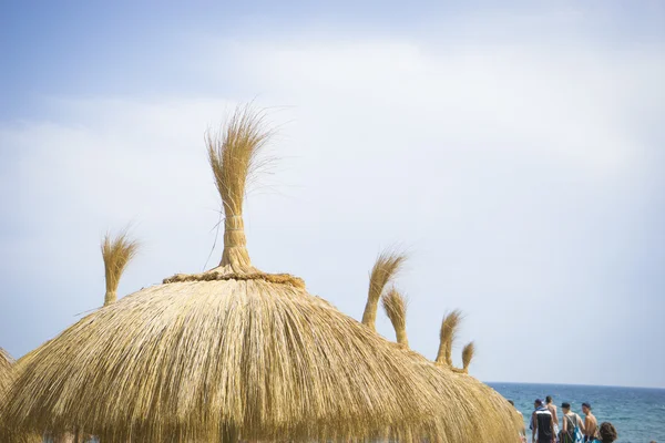 Straw umbrellas on the shore of sea