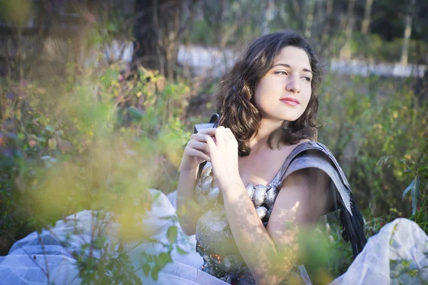 Dreamy, brunette with silver armor lying in a forest, romantic s