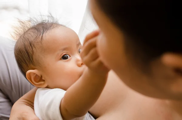 Mother breastfeeding her newborn baby beside window