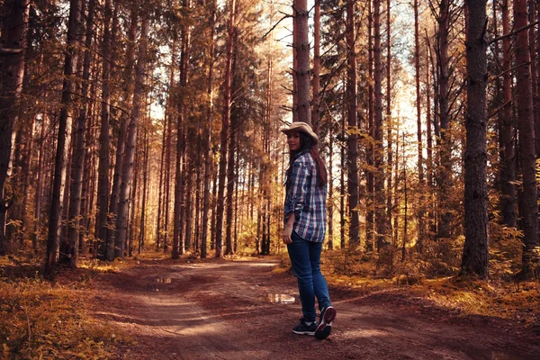 Fall forest landscape girl walk