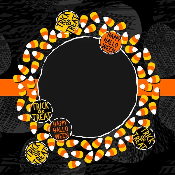 Halloween candy white yellow orange sweets decorative wreath with halloween badges autumn holiday colorful illustration on dark card centerpiece with blank place for your text on orange ribbon