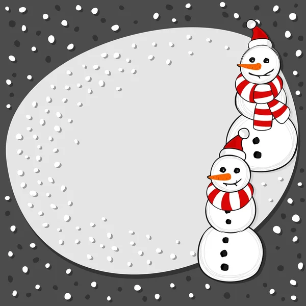 Two Happy snowmen in Santa Claus hats and colorful scarfs winter holidays card on dark background