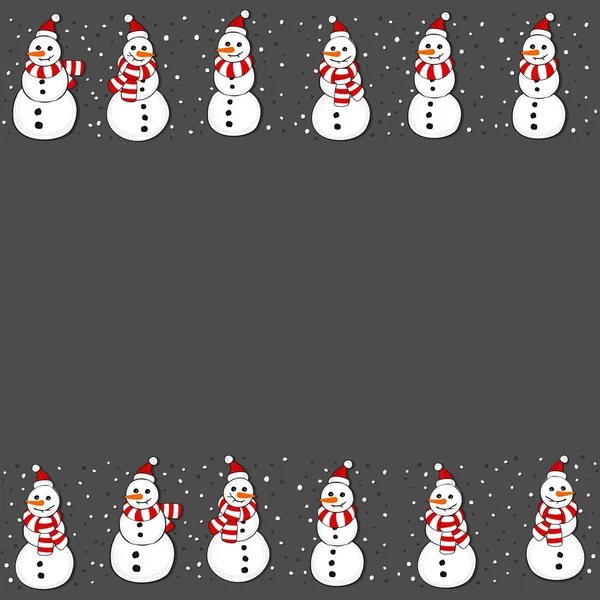 Snowmen in Santa Claus hats Christmas winter holidays seamless double horizontal border on dark background