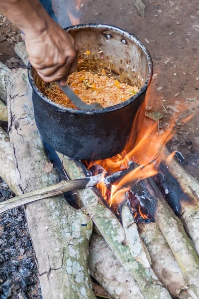 Cooking on a fire in a jungle