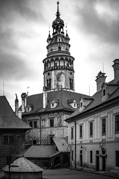 Black and white image of Cesky Krumlov castle in Czech Republic