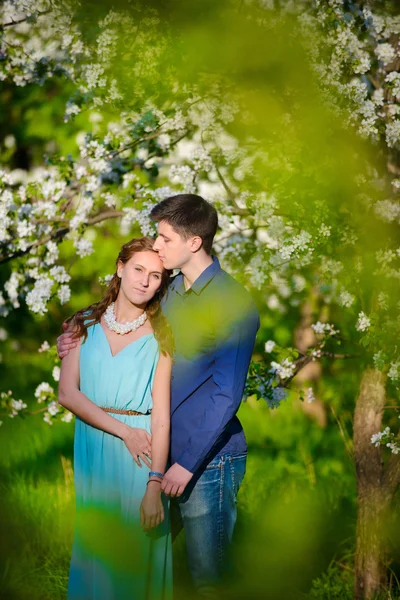Young beautiful couple in love among apple trees