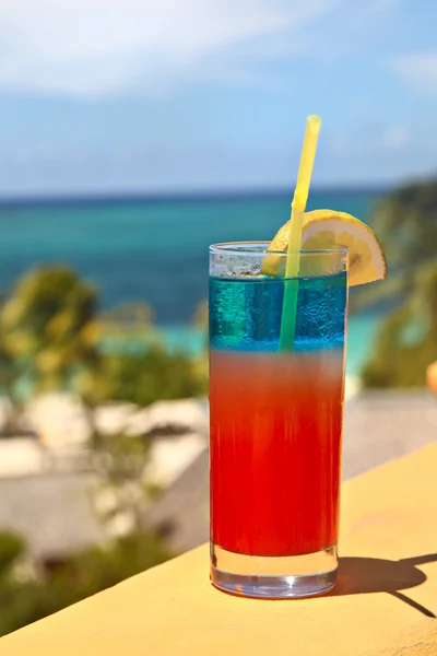 Tropical drink on the sea and sky background, shallow focus