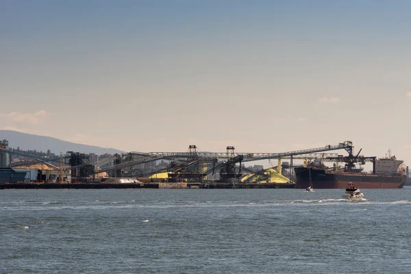 Bulk ship loads in Vancouver harbor.