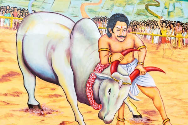 Painting shows Demi God Pandi fighting bull.