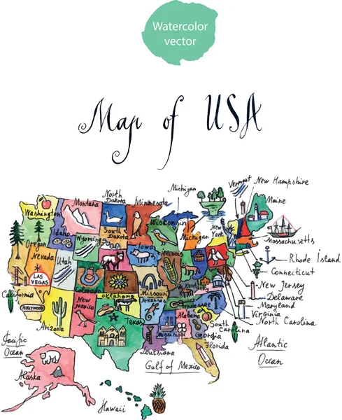 美利坚合众国水彩手绘景点地图矢量图–图库插图图片