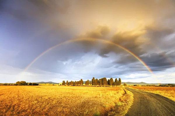 Rainbow in Tuscany, cypress trees and rural road. Maremma, Italy