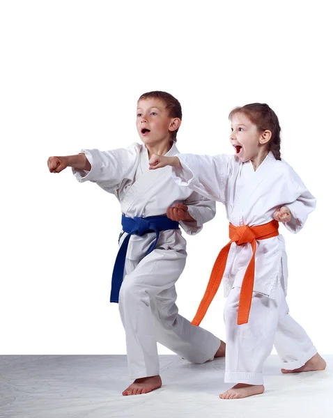 With orange belt girl and boy with a blue belt are hitting blows arms