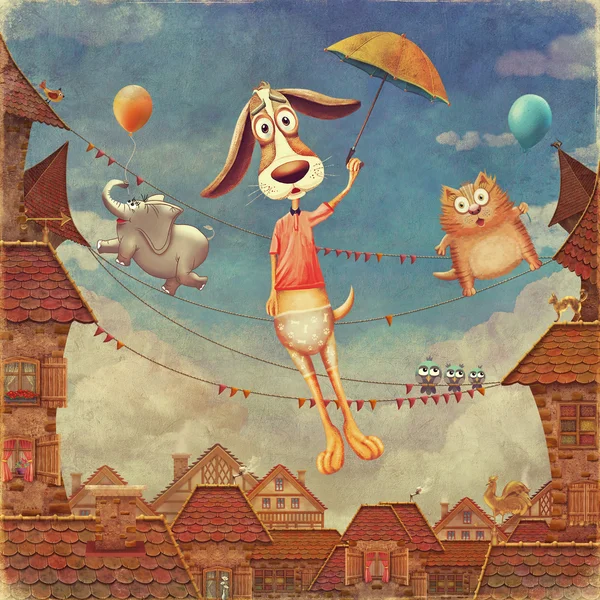Fragment of a city . Sweet animals: dog with  umbrella, fish and  cat   in sky