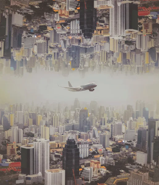 The plane flew over the city, Bangkok  ,Thailand