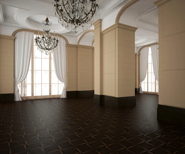 3d rendering.Classic hall, blank interior. Wooden dark parquet floor. Light Cream walls