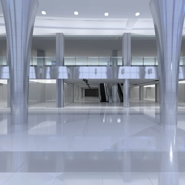 Mall interior. Empty hall interior with ceramic floor to ceiling windows and scenic background