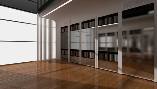 Blank interior with white walls, oak floor. book Room