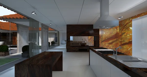 3d rendering. Interior of modern apartment, empty kitchen room with large windows. Onyx illuminated wall
