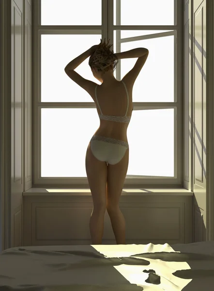 3d render. The girl standing at the window, and looking out