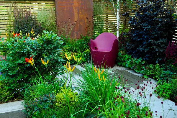 Tranquil garden landscape with patio area