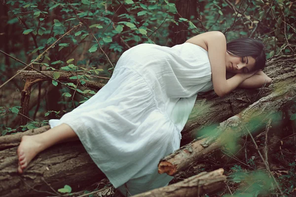 Sleeping woman on dead tree