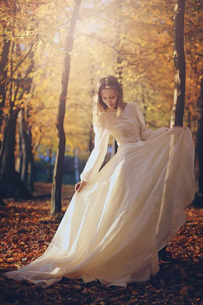 Woman with victorian dress in autumn woods