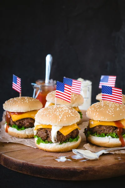 Mini ground beef burgers with American flag