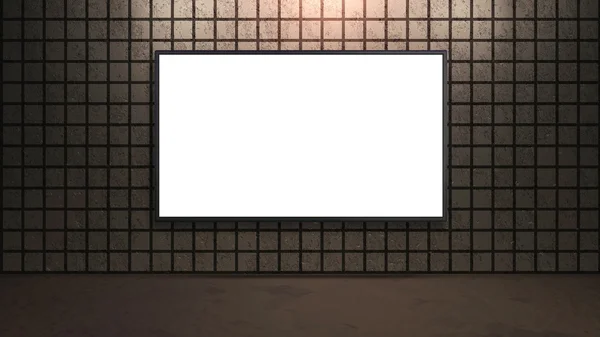 Blank white wide screen TV with brown brick wall in room