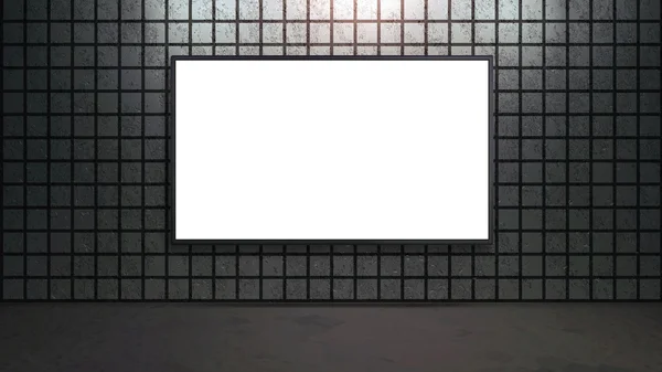 Blank white wide screen TV with grey brick wall in room