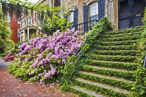 Impressionist art of the historic district of Savannah Georgia in early spring with the Azaleas in bloom.