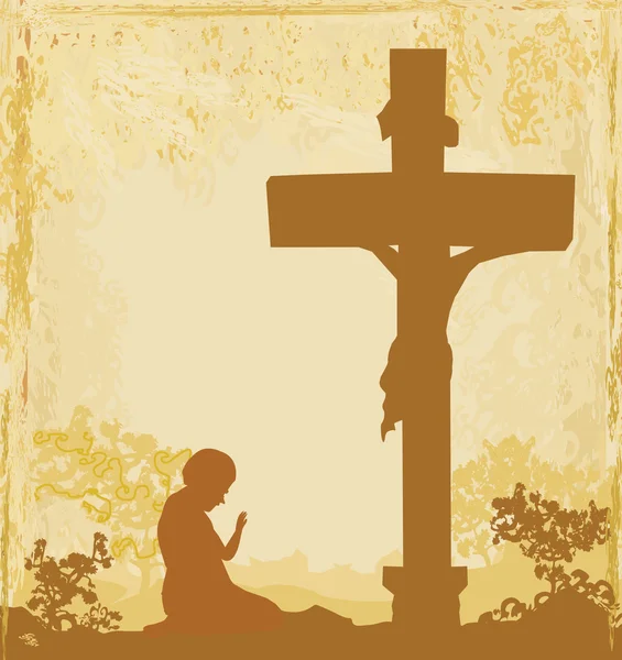 Prayers by the cross, grunge background