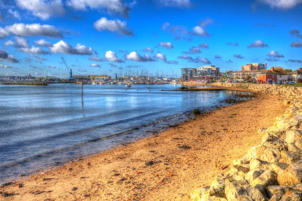 View towards Poole harbour and quay Dorset England UK in vivid HDR like painting