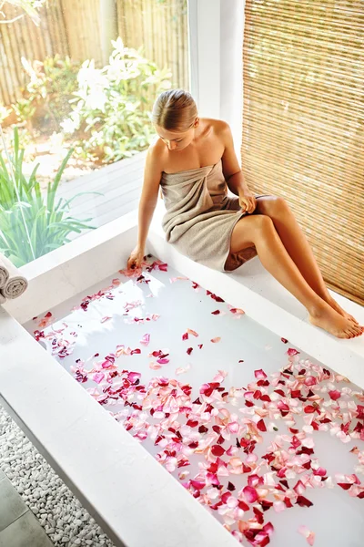 Woman Spa Body Care Treatment. Flower Rose Bath. Beauty, Skincare