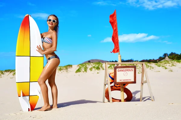 Summer Water Sports. Beach Vacation. Surfing. Woman In Bikini