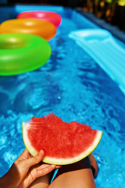 Summer Vacation. Summertime Fun. Watermelon By Swimming Pool. Fruit