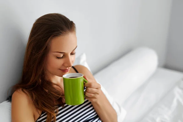 Drink Morning Coffee. Woman Drinking Beverage In Bed. Healthy Lifestyle