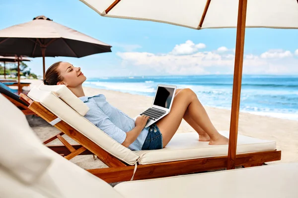 Business Woman Working Online On Beach.