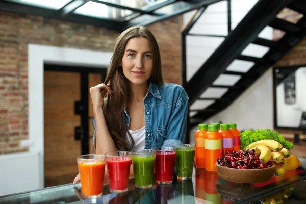 Diet Nutrition. Woman With Fresh Juice Smoothie In Kitchen