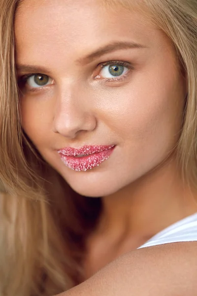 Beauty Face. Beautiful Woman With Full Lips With Sugar Lip Scrub
