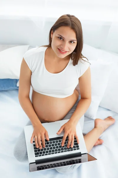 Pregnant Woman With Laptop Computer. Beautiful Pregnant Woman Wo