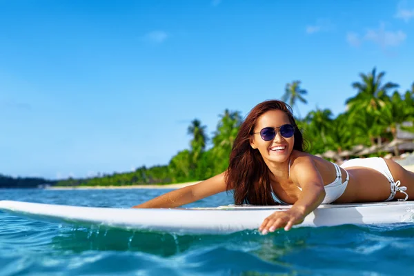 Summer Adventure. Water Sports. Woman Surfing In Sea. Travel Vac