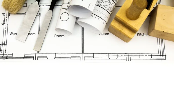 Joiners works. Drawings for building and working tools on white background.