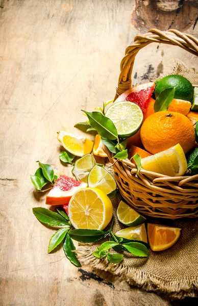The concept of citrus. Basket of citrus fruits - grapefruit, orange, tangerine, lemon, lime .