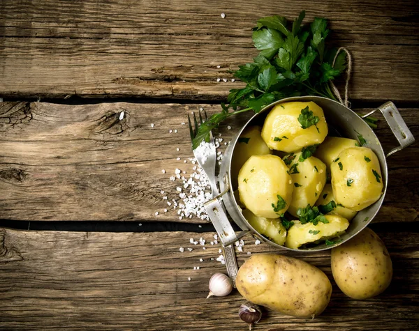 Boiled potatoes with herbs and salt on a wooden table . Free space for text.