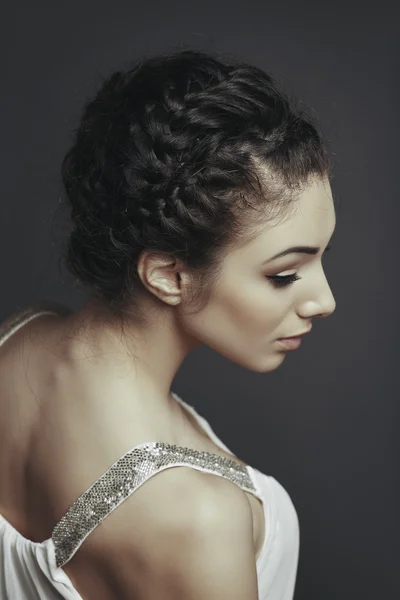 Female model with braided hairdo